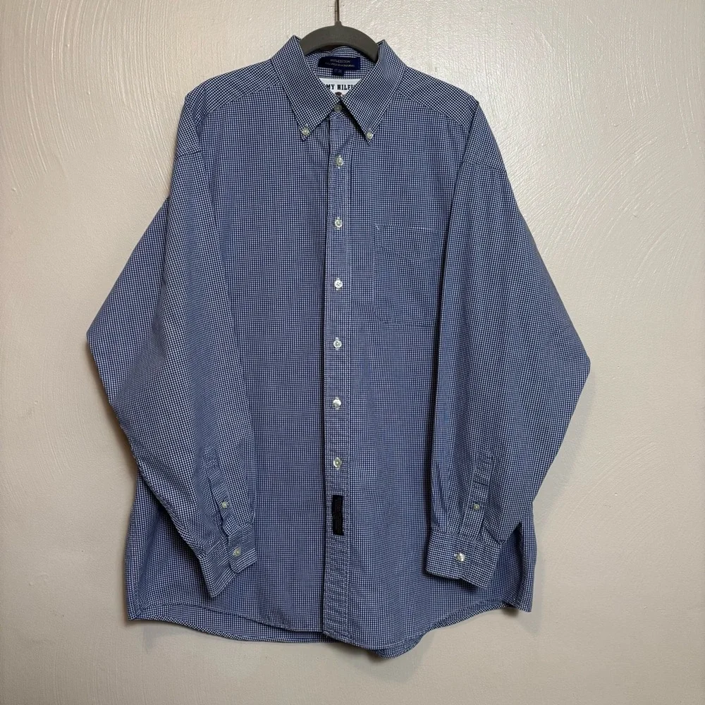 Tommy‎ Hilfiger Men’s Shirt Button Down Checkered 100% Cotton Blue Size 17 35